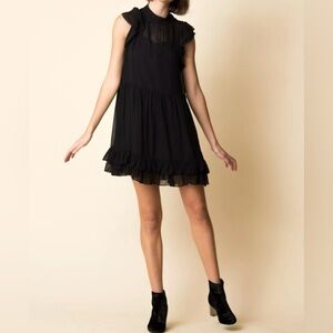 Ulla Johnson Remy Silk Georgette Mini, Ruffled, Embroidered, Black, Sheer, 0